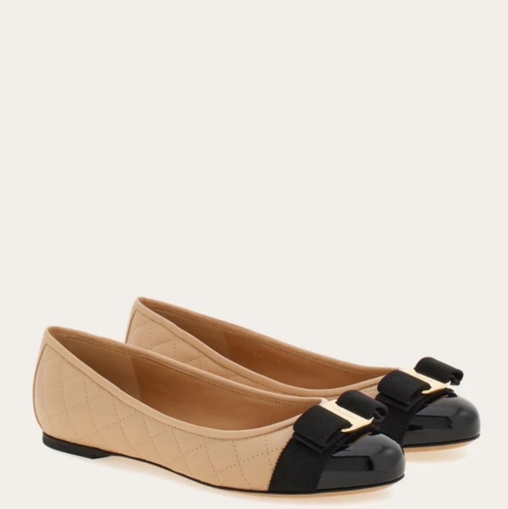Salvatore Ferragamo Beige Quilted Leather Ballet Flats with Black Patent Cap Toe